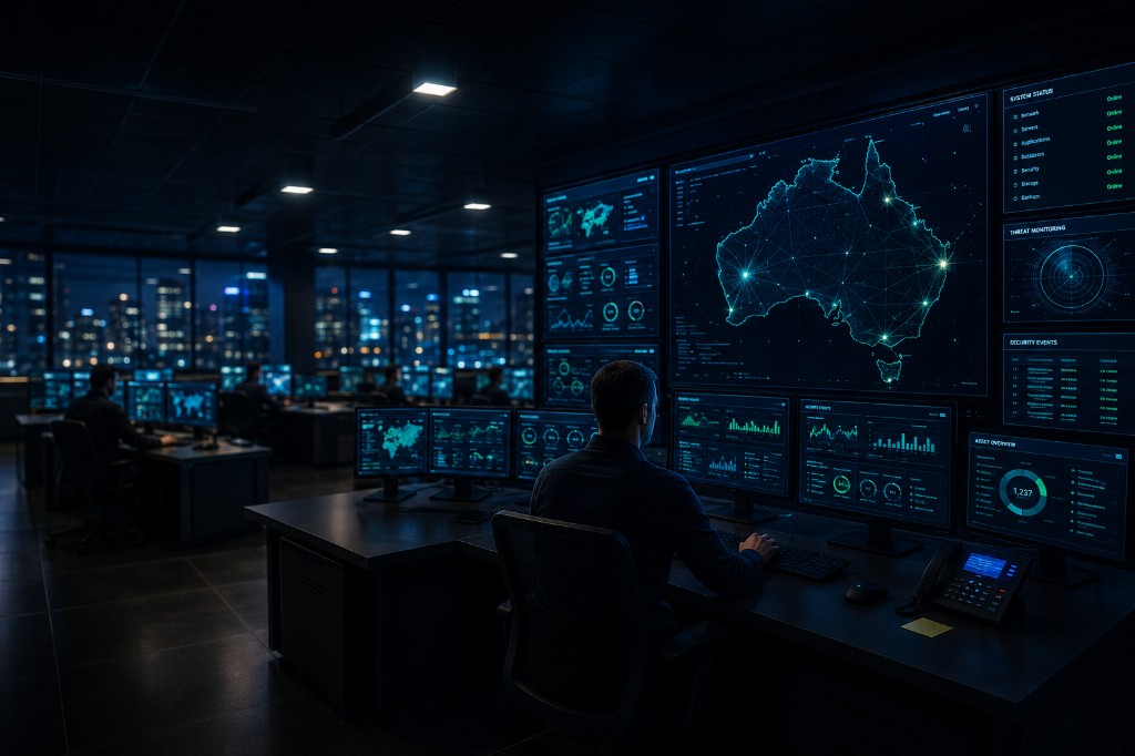 Security operations centre with Australia network map and monitoring dashboards